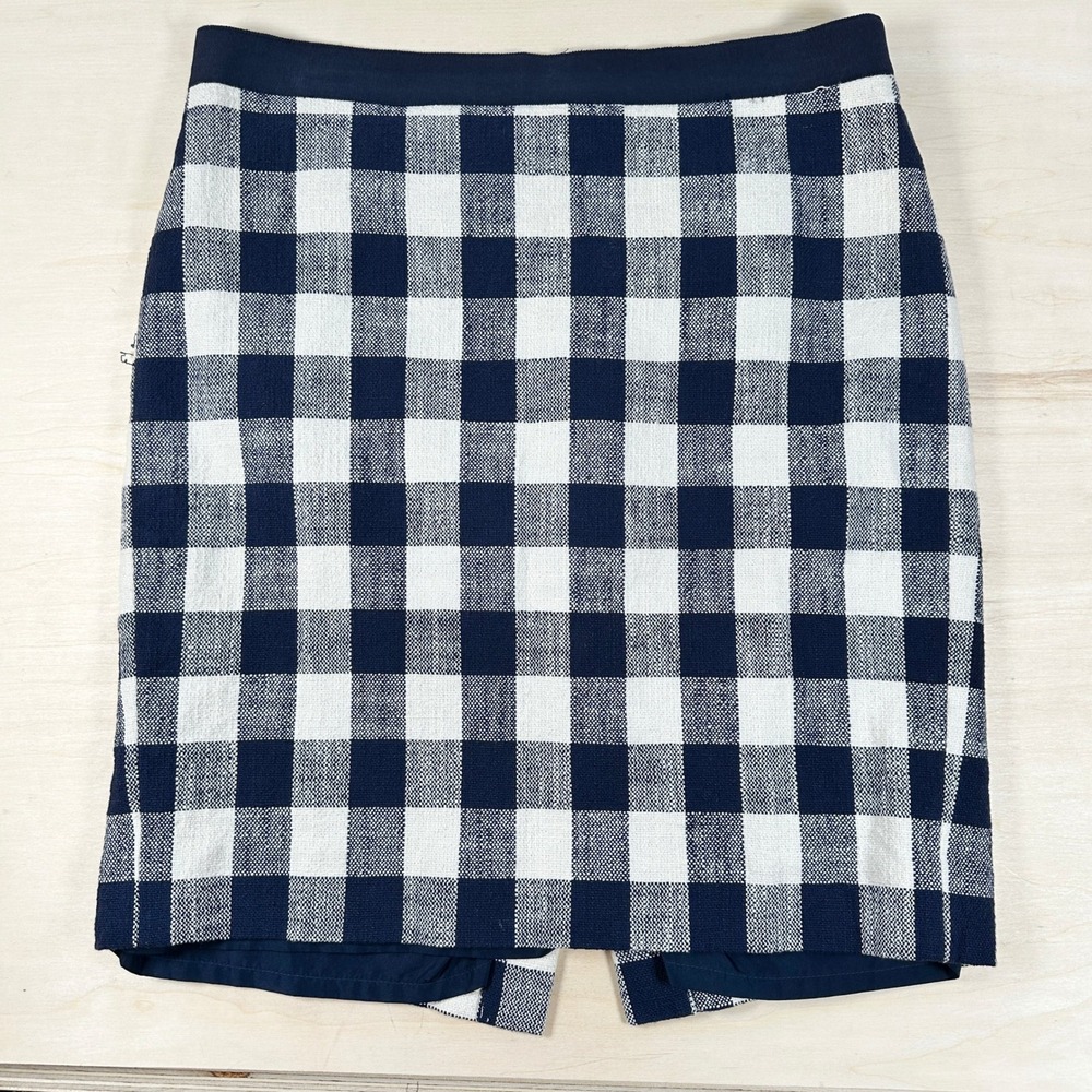 J. Crew Women's Pencil Skirt Linen 10 Blue‎ White Checkered Classic Back Zipper